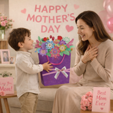 Pafu Mother Valentine Day Gift Bag Colorful Handmade Paper Flowers with Rhinestones & Ribbon Bow 3D Flower Pop-Up Gift Sack