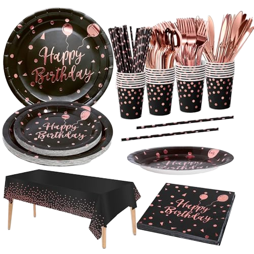 Birthday Party Supplies Black Rose Gold Polka Dot Paper Plates Cups Napkins Tablecloth Straws Birthday Disposable Tableware Sets