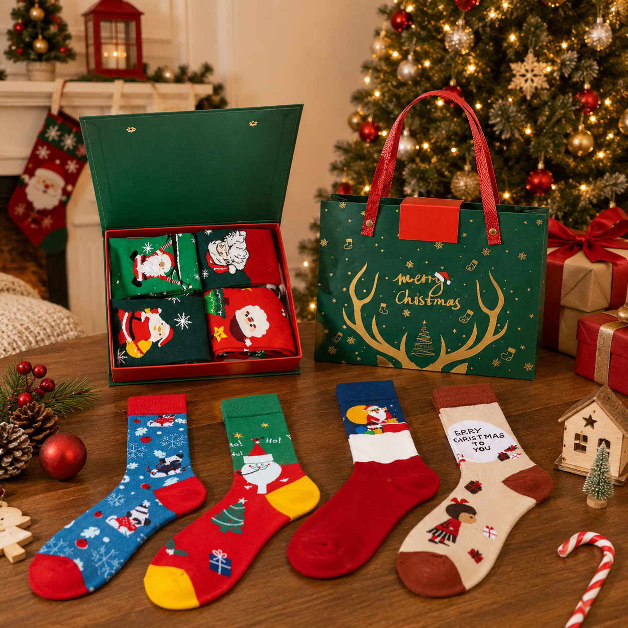 Pafu 4 Pair Christmas Socks Gift Box Set Santa Holiday Crew Socks Xmas Stocking Stuffer Winter Gift for Family