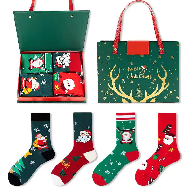 Pafu 4 Pair Christmas Socks Gift Box Set Santa Holiday Crew Socks Xmas Stocking Stuffer Winter Gift for Family