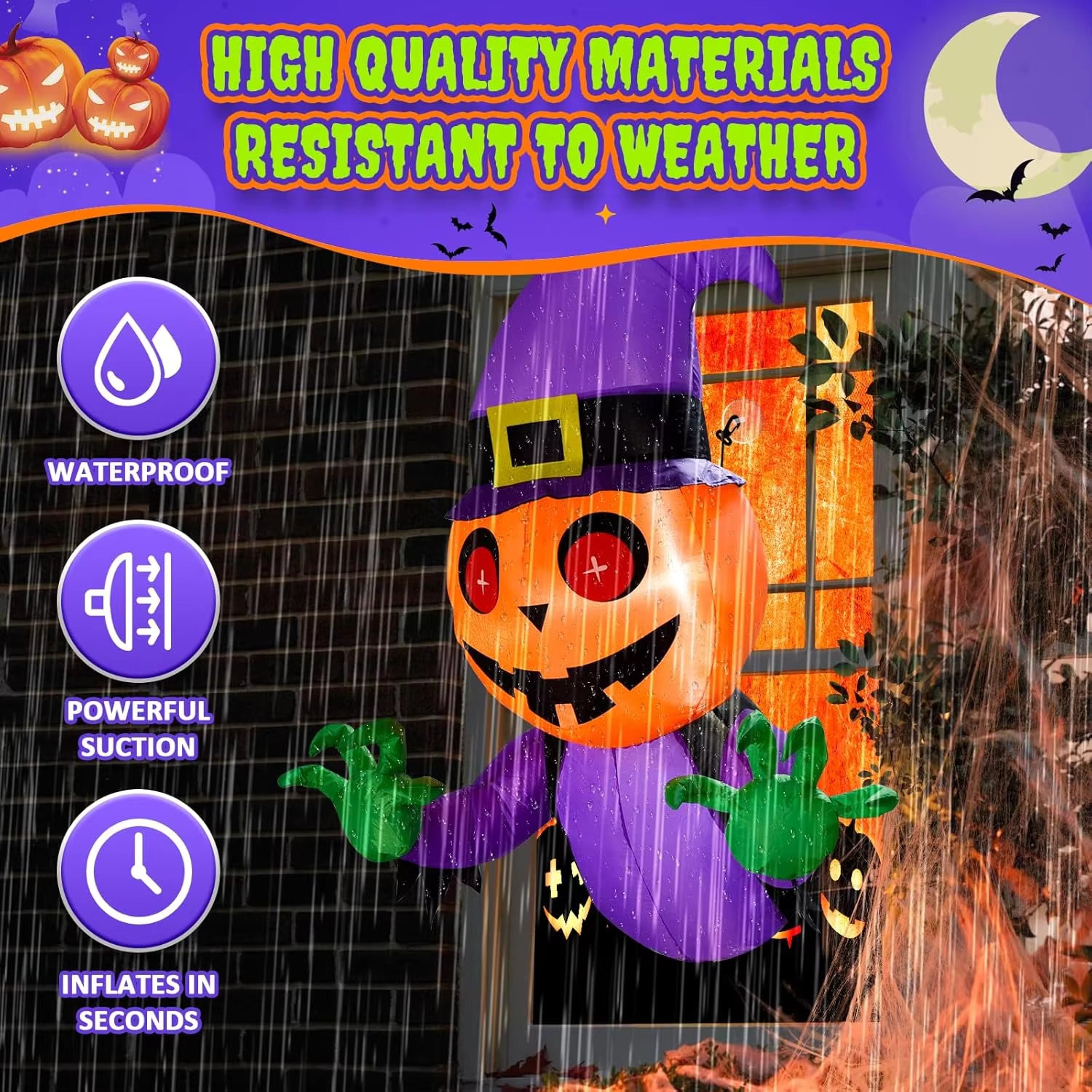 Pafu Halloween Holiday Decor Inflatable Pumpkin Blow up Lean Out of Window With Built-in LED Lights Inflatables Outdoor Decor