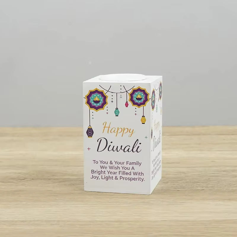 Happy Diwali Candle Holder Colorful Printed Ganesha Rangoli Square Tealight Candle Stand Indian Deepavali Festival Table Decor