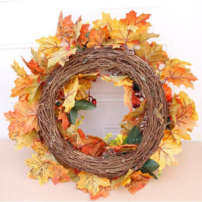 Pafu Artificial Fall Harvest Wreath Autumn Pumpkin Maple Leaf Front Door Wreath Thanksgiving Seasonal Home Decor