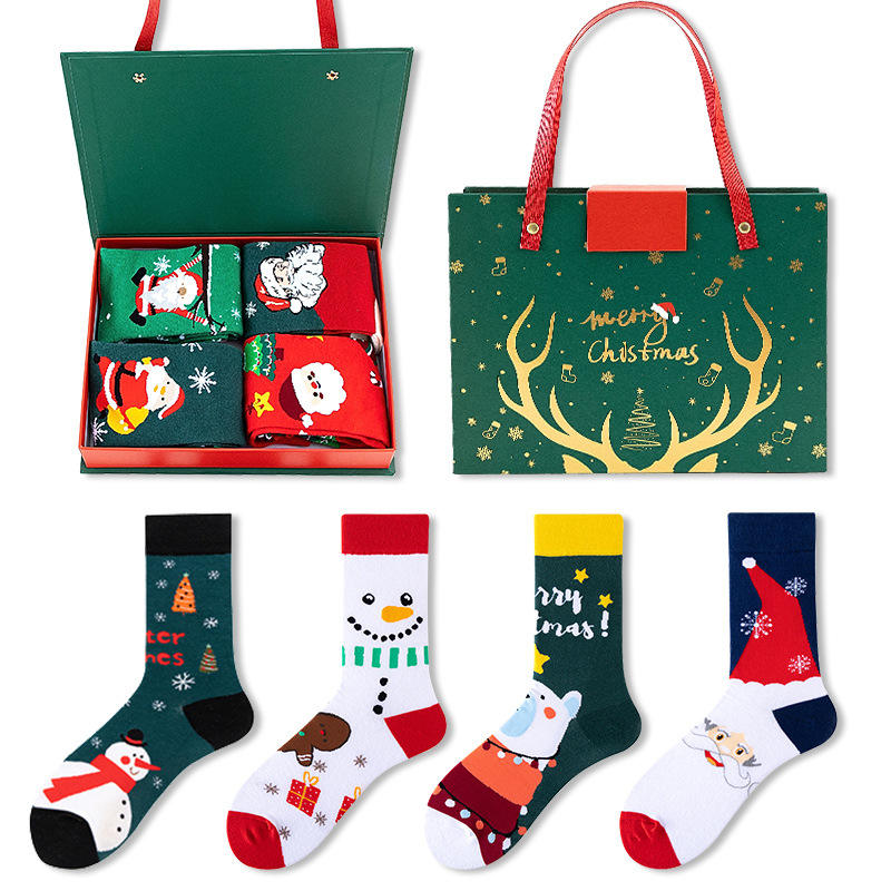 Pafu 4 Pair Christmas Socks Gift Box Set Santa Holiday Crew Socks Xmas Stocking Stuffer Winter Gift for Family