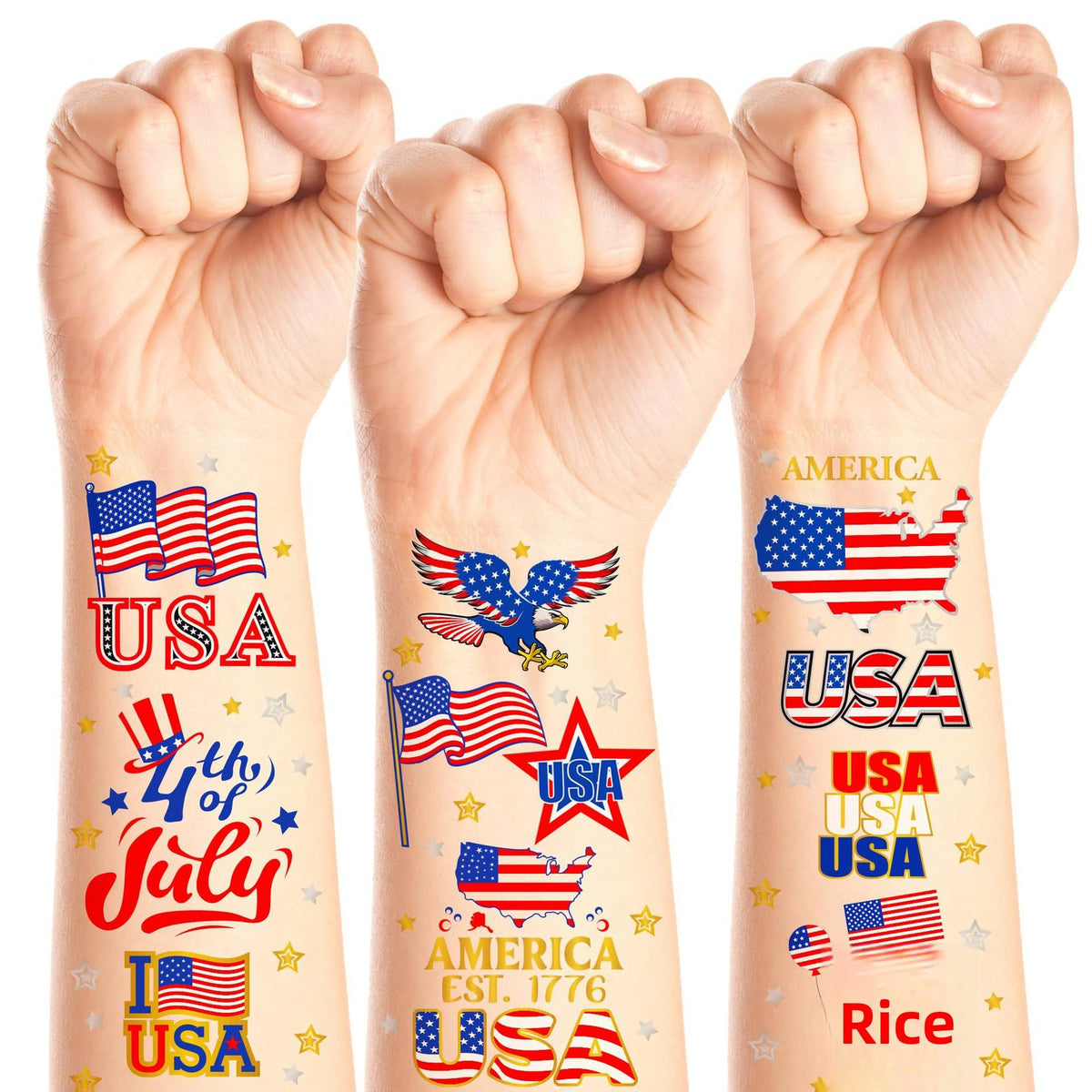 6PCS Patriotic Independence Day Temporary Tattoos Silver Powder Finish Star Pattern Waterproof Hot Stamping Stickers July 4th