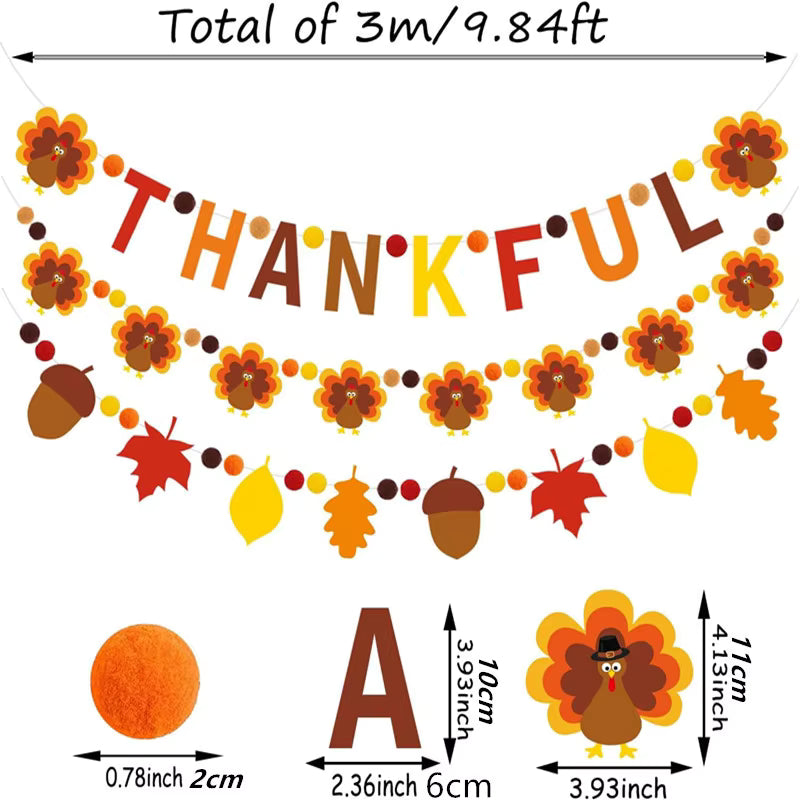 Thanksgiving Garland Decoration THANKFUL Letter Banner with Turkey and Autumn Leaf Acorn String Fall Harvest Hanging Decor