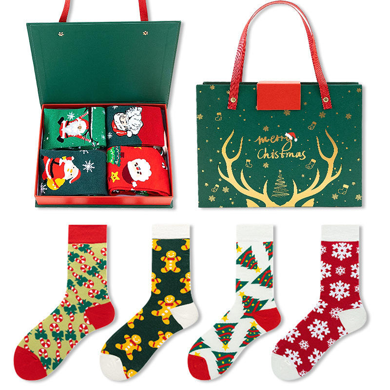 Pafu 4 Pair Christmas Socks Gift Box Set Santa Holiday Crew Socks Xmas Stocking Stuffer Winter Gift for Family