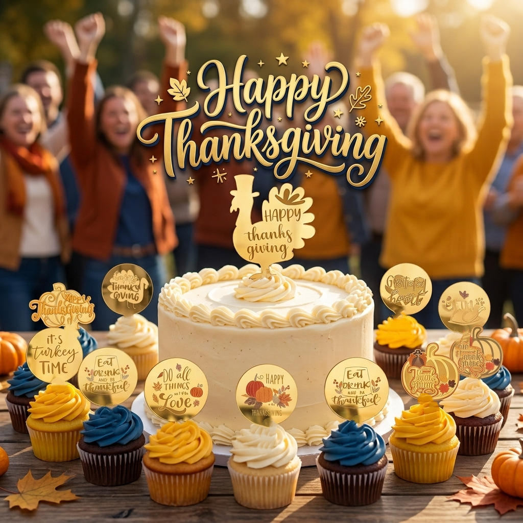 Pafu Thanksgiving Acrylic Cake Topper Golden Pumpkin Turkey Letter Fall Harvest Cupcake Decor