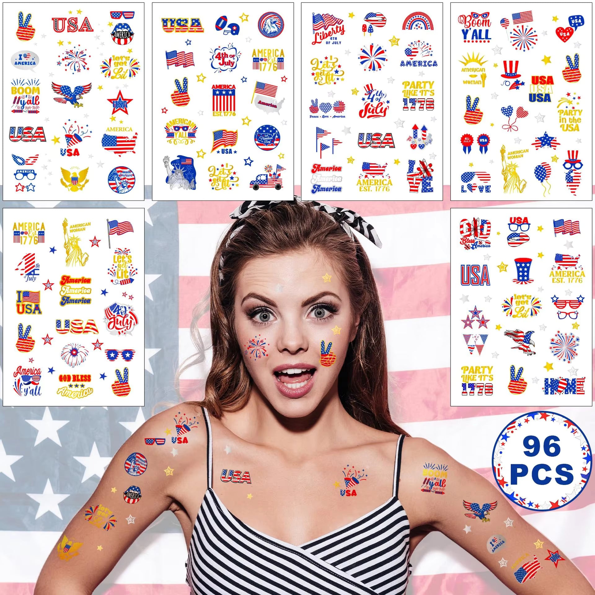 6PCS Patriotic Independence Day Temporary Tattoos Silver Powder Finish Star Pattern Waterproof Hot Stamping Stickers July 4th