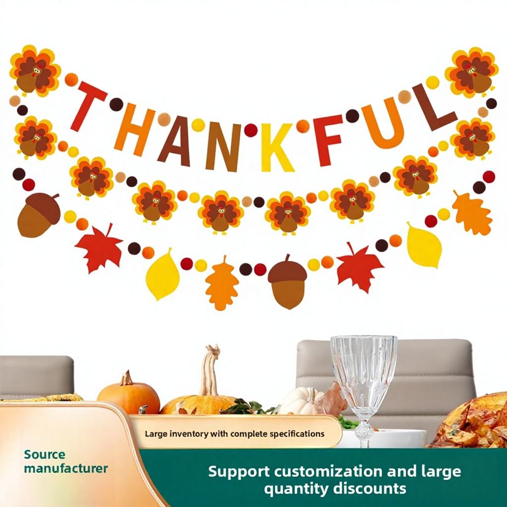 Thanksgiving Garland Decoration THANKFUL Letter Banner with Turkey and Autumn Leaf Acorn String Fall Harvest Hanging Decor