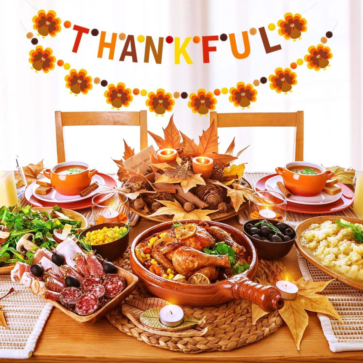 Thanksgiving Garland Decoration THANKFUL Letter Banner with Turkey and Autumn Leaf Acorn String Fall Harvest Hanging Decor