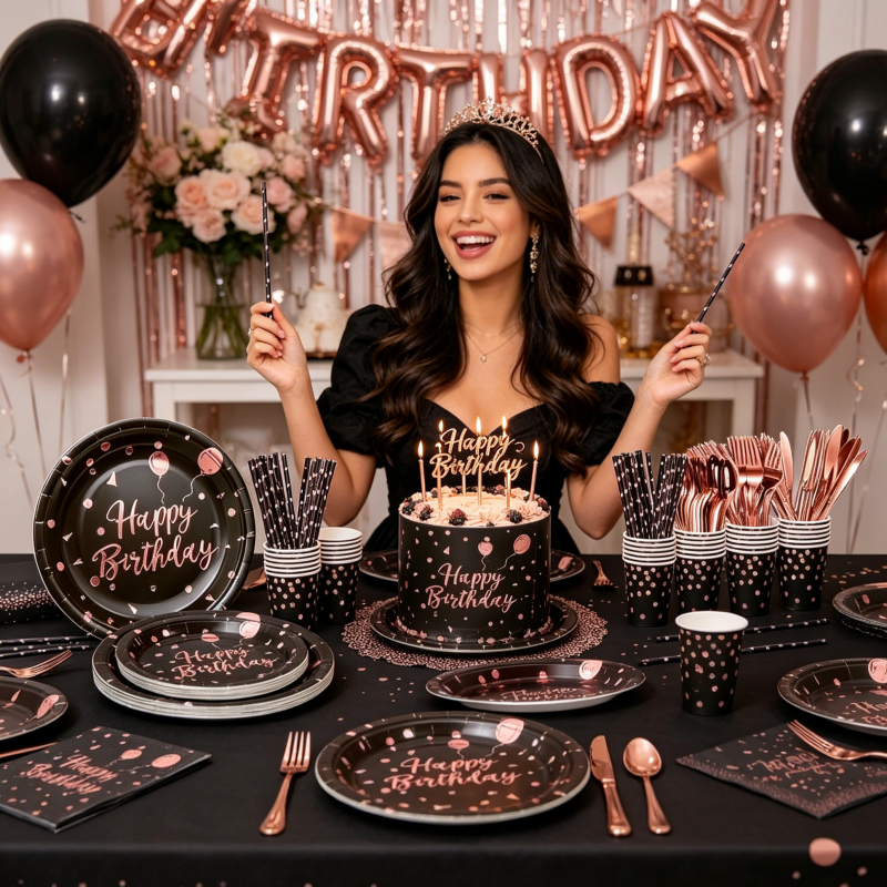 Birthday Party Supplies Black Rose Gold Polka Dot Paper Plates Cups Napkins Tablecloth Straws Birthday Disposable Tableware Sets