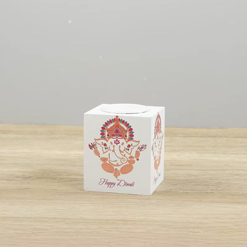 Happy Diwali Candle Holder Colorful Printed Ganesha Rangoli Square Tealight Candle Stand Indian Deepavali Festival Table Decor