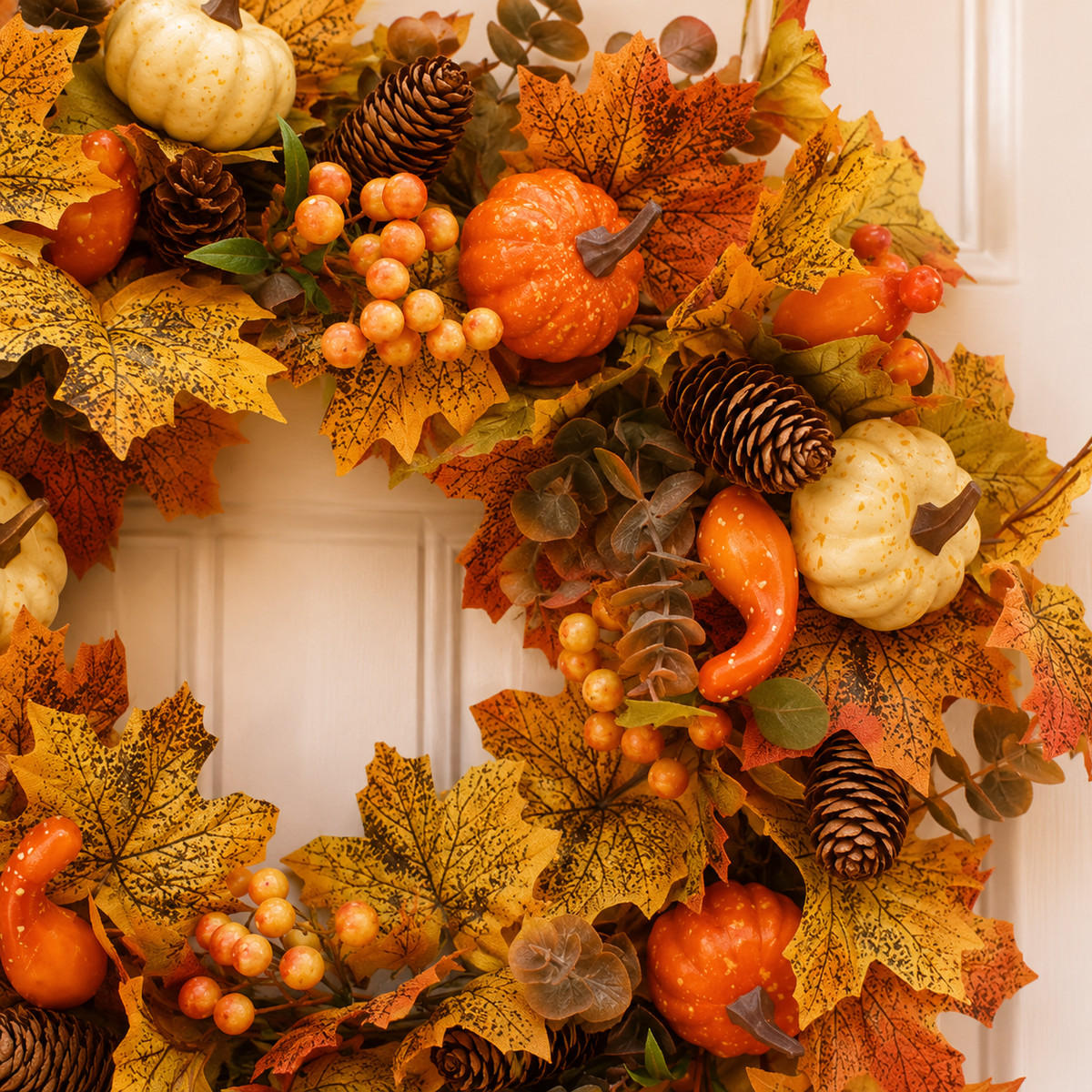 Pafu Artificial Fall Harvest Wreath Autumn Pumpkin Maple Leaf Front Door Wreath Thanksgiving Seasonal Home Decor