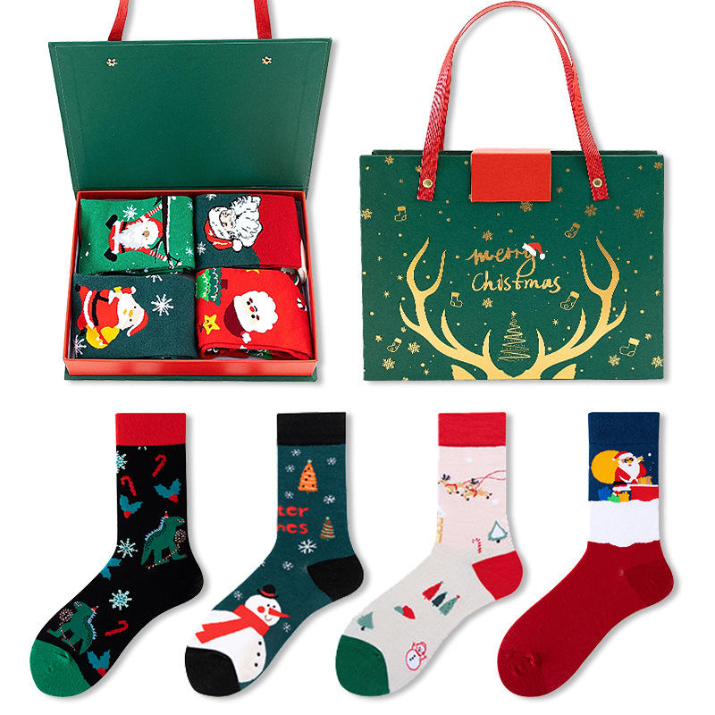 Pafu 4 Pair Christmas Socks Gift Box Set Santa Holiday Crew Socks Xmas Stocking Stuffer Winter Gift for Family