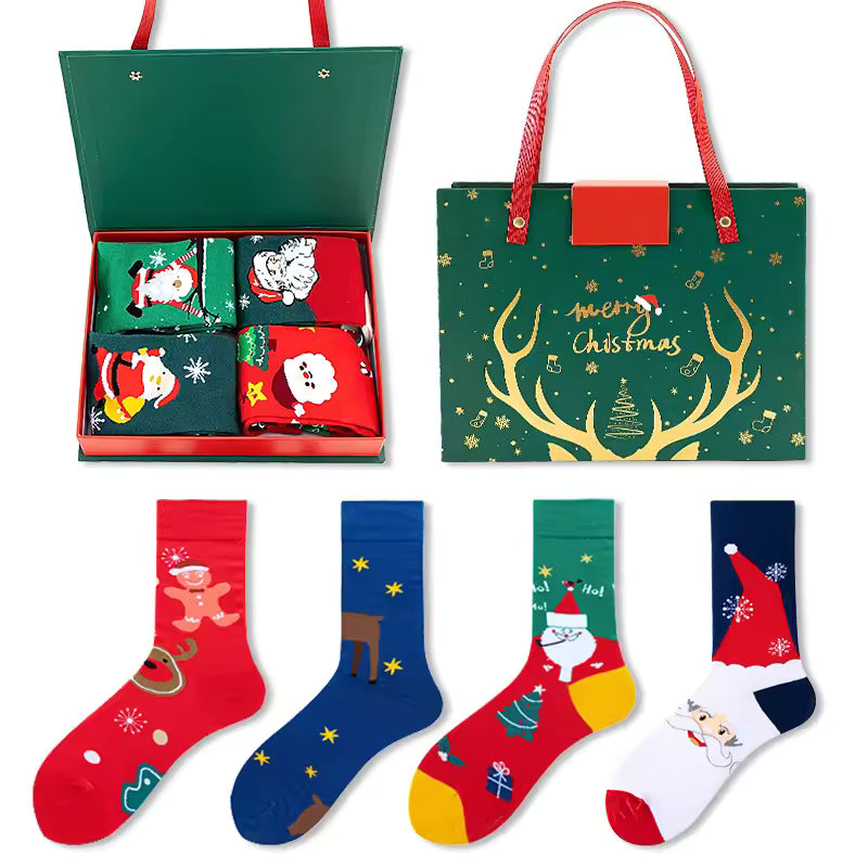 Pafu 4 Pair Christmas Socks Gift Box Set Santa Holiday Crew Socks Xmas Stocking Stuffer Winter Gift for Family