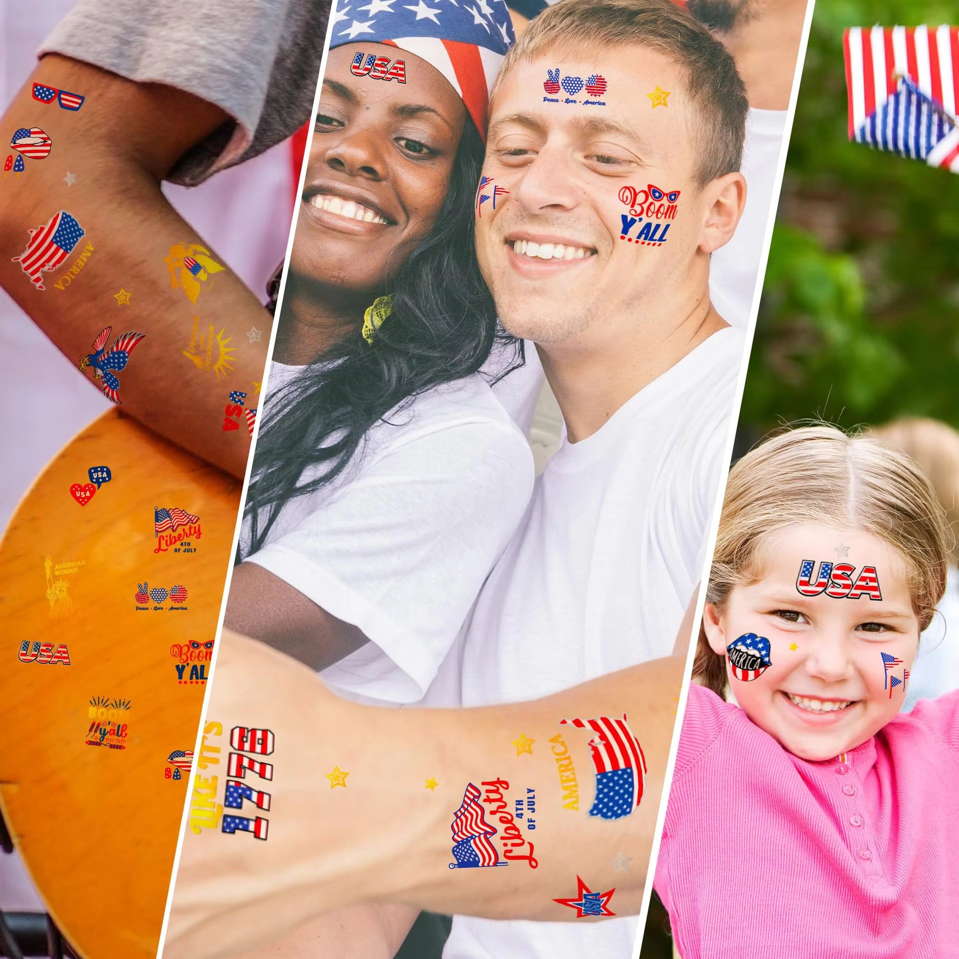 6PCS Patriotic Independence Day Temporary Tattoos Silver Powder Finish Star Pattern Waterproof Hot Stamping Stickers July 4th