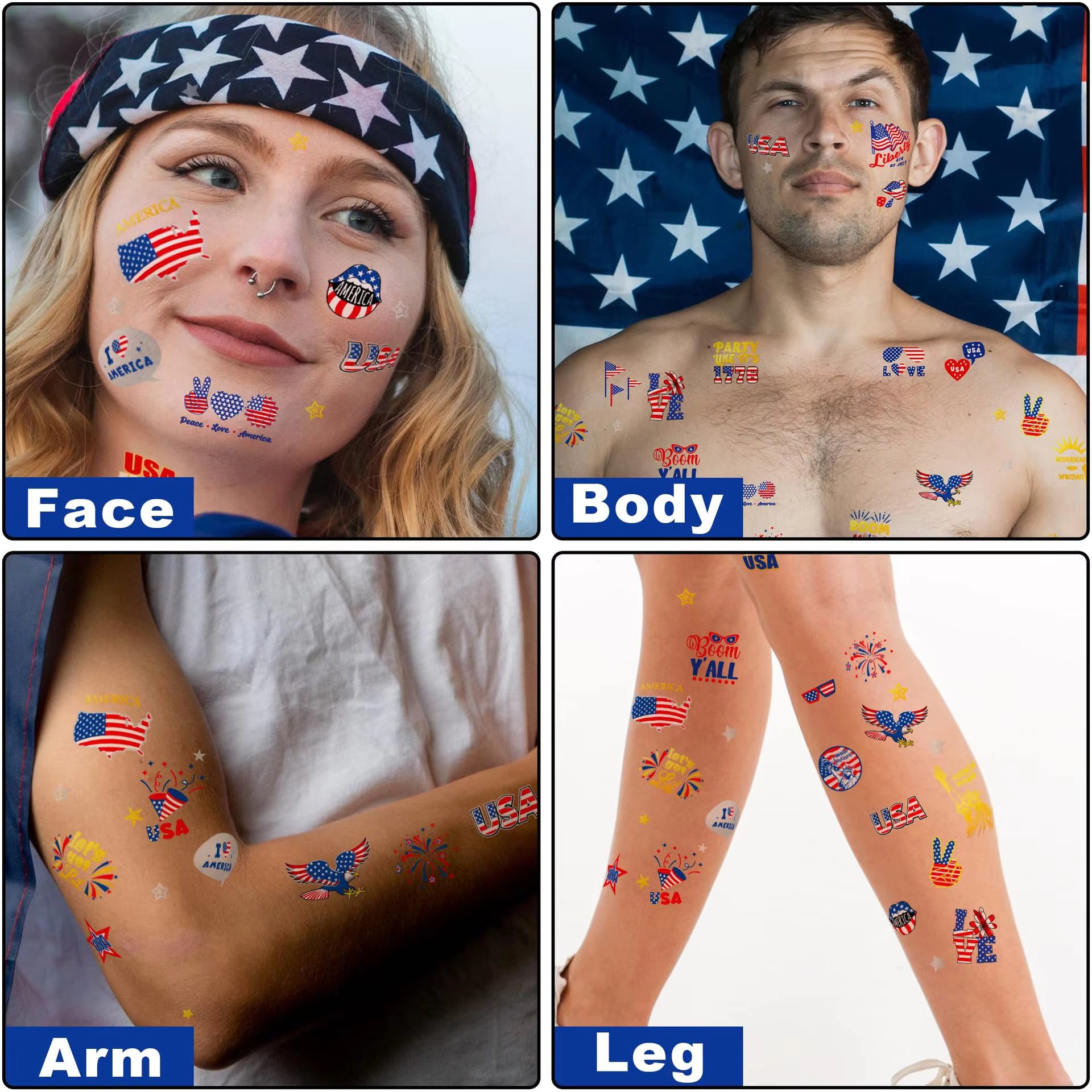 6PCS Patriotic Independence Day Temporary Tattoos Silver Powder Finish Star Pattern Waterproof Hot Stamping Stickers July 4th