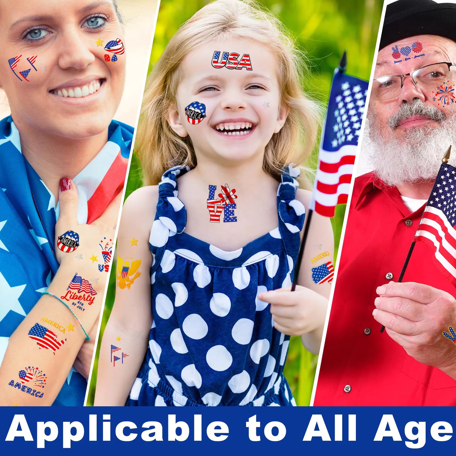 6PCS Patriotic Independence Day Temporary Tattoos Silver Powder Finish Star Pattern Waterproof Hot Stamping Stickers July 4th