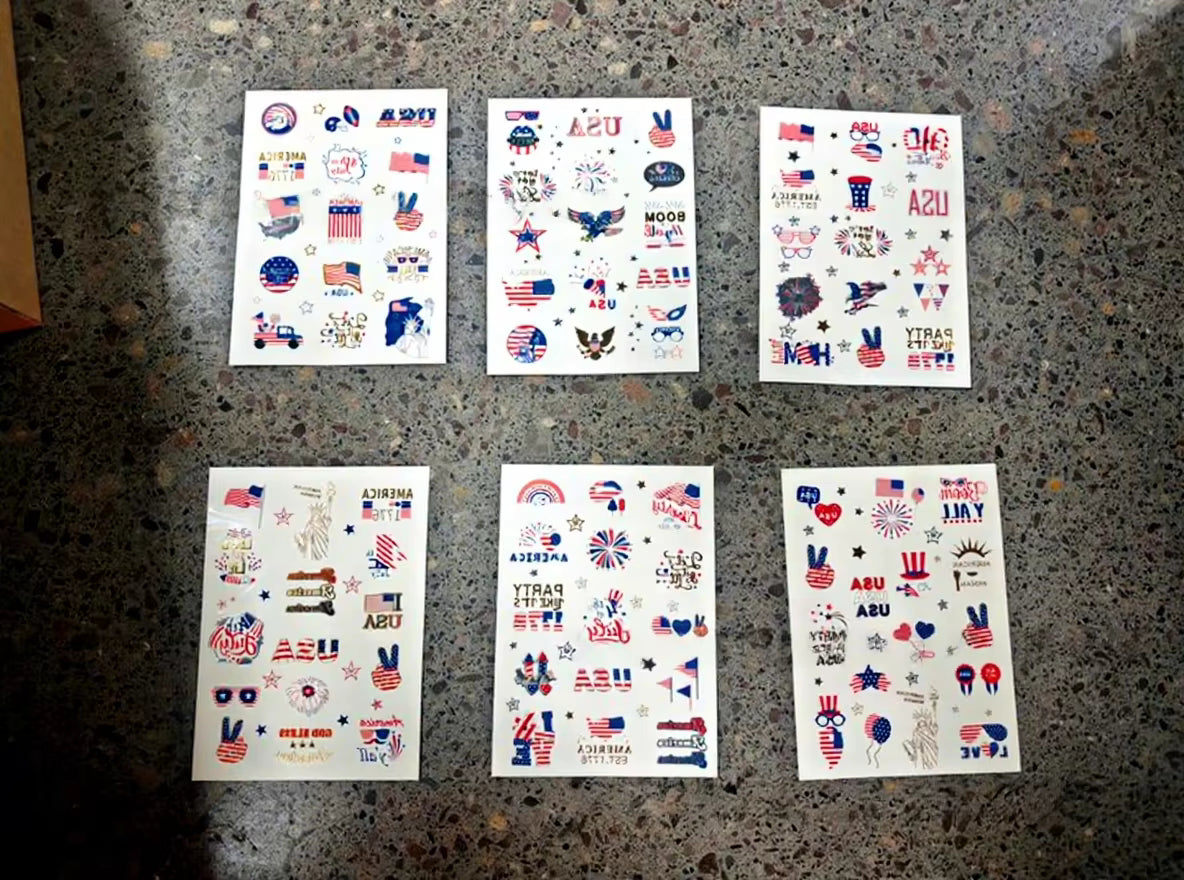 6PCS Patriotic Independence Day Temporary Tattoos Silver Powder Finish Star Pattern Waterproof Hot Stamping Stickers July 4th