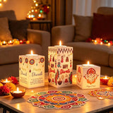 Happy Diwali Candle Holder Colorful Printed Ganesha Rangoli Square Tealight Candle Stand Indian Deepavali Festival Table Decor