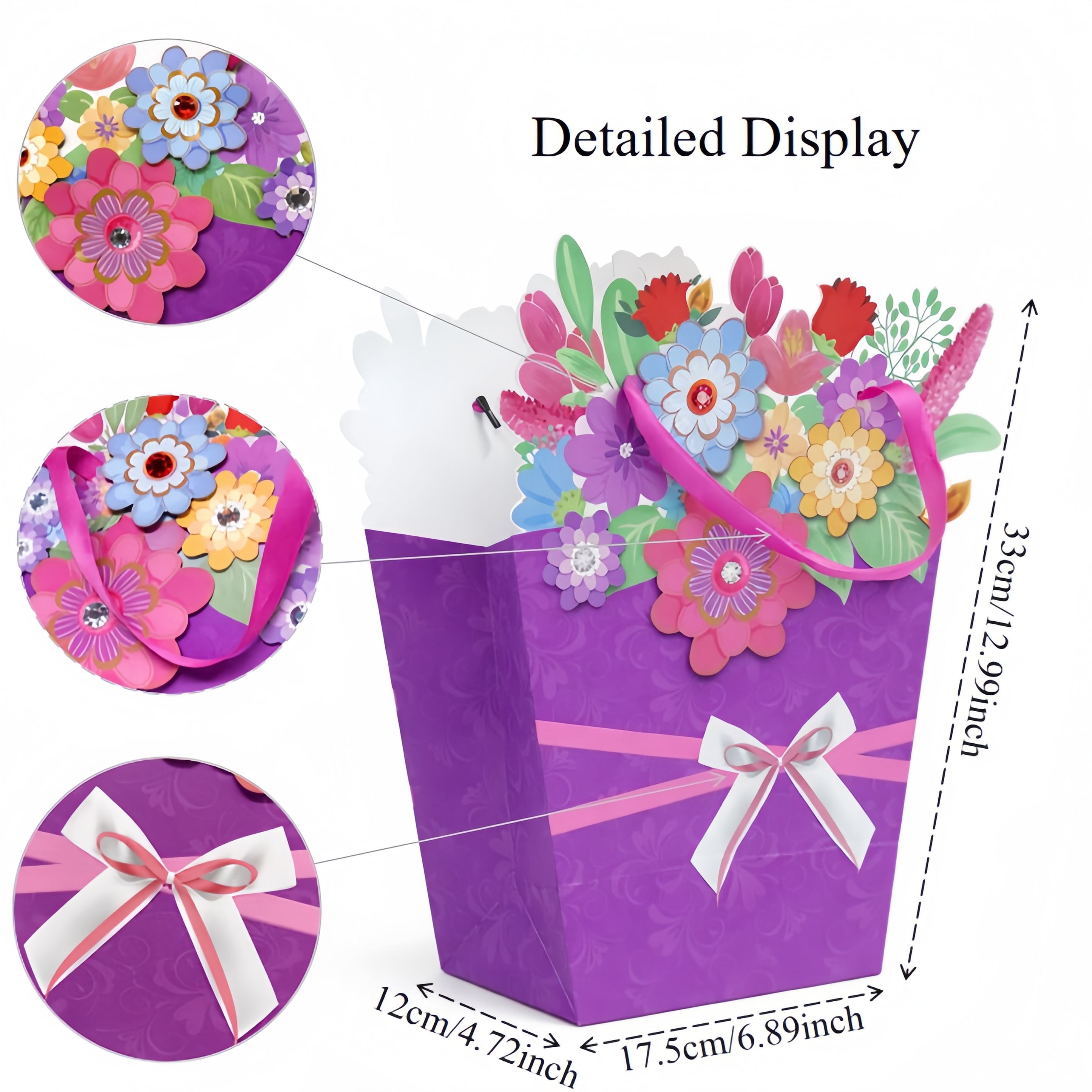 Pafu Mother Valentine Day Gift Bag Colorful Handmade Paper Flowers with Rhinestones & Ribbon Bow 3D Flower Pop-Up Gift Sack