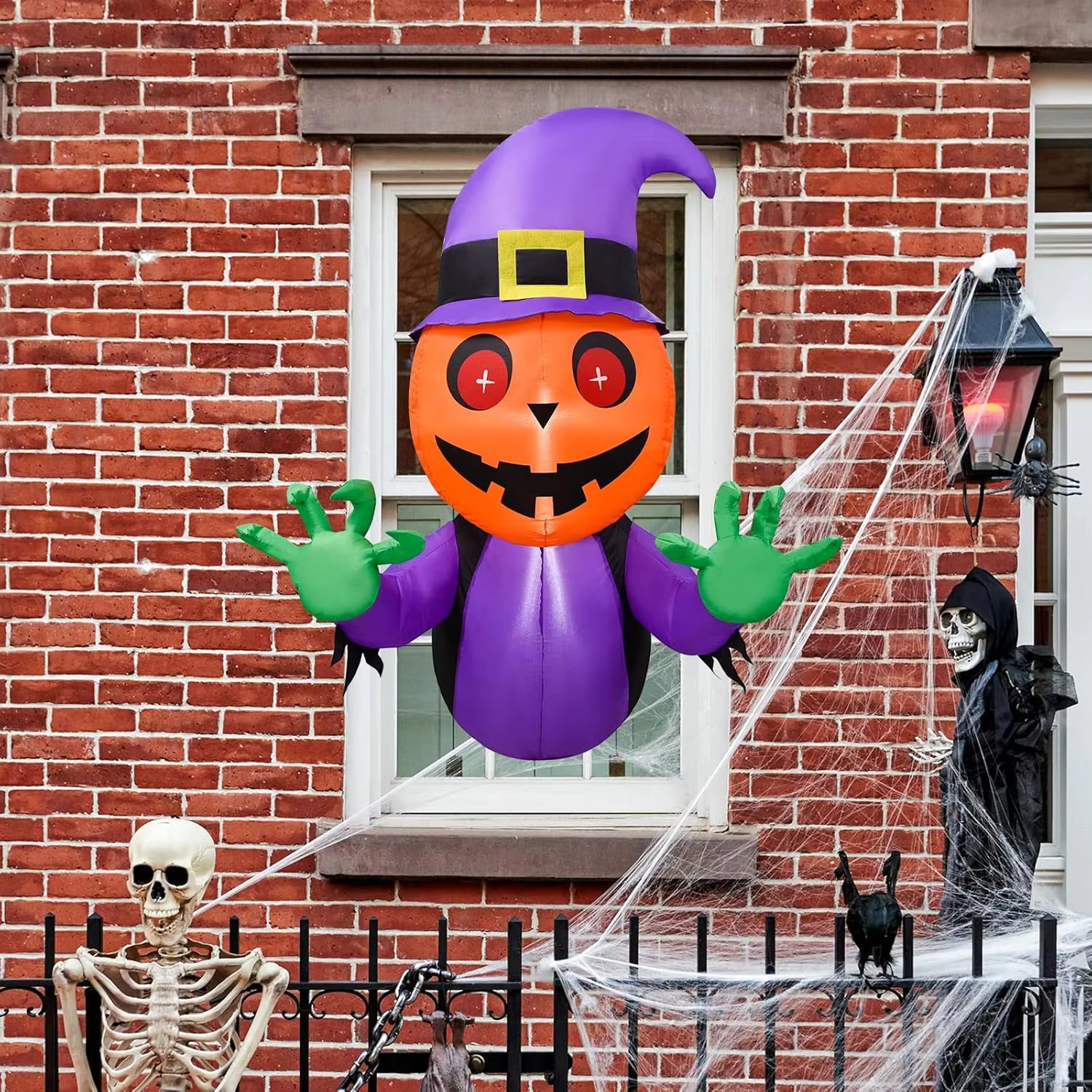 Pafu Halloween Holiday Decor Inflatable Pumpkin Blow up Lean Out of Window With Built-in LED Lights Inflatables Outdoor Decor