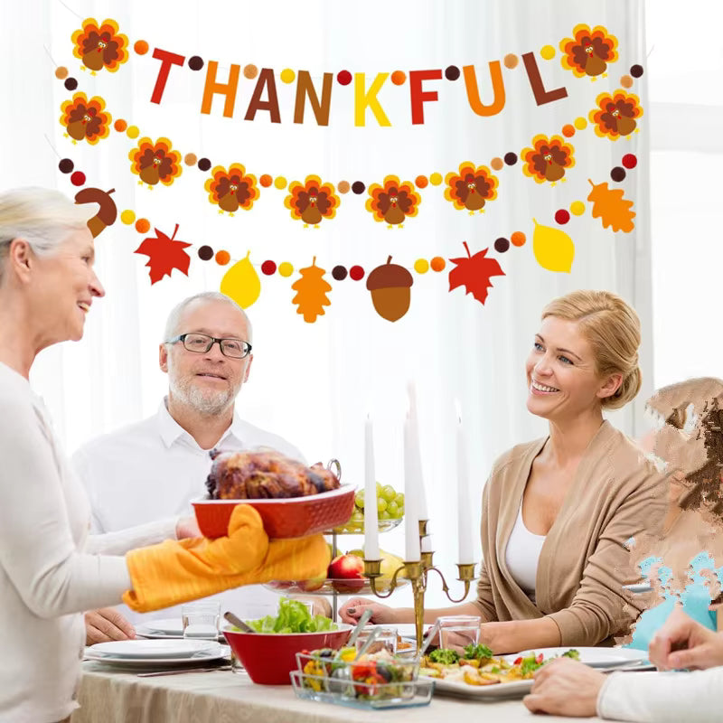 Thanksgiving Garland Decoration THANKFUL Letter Banner with Turkey and Autumn Leaf Acorn String Fall Harvest Hanging Decor