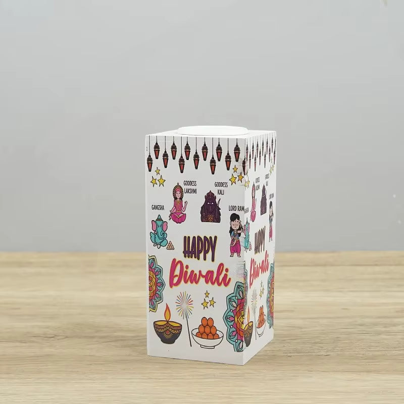 Happy Diwali Candle Holder Colorful Printed Ganesha Rangoli Square Tealight Candle Stand Indian Deepavali Festival Table Decor