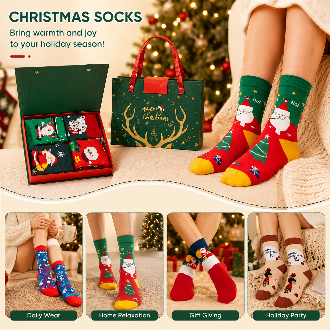 Pafu 4 Pair Christmas Socks Gift Box Set Santa Holiday Crew Socks Xmas Stocking Stuffer Winter Gift for Family