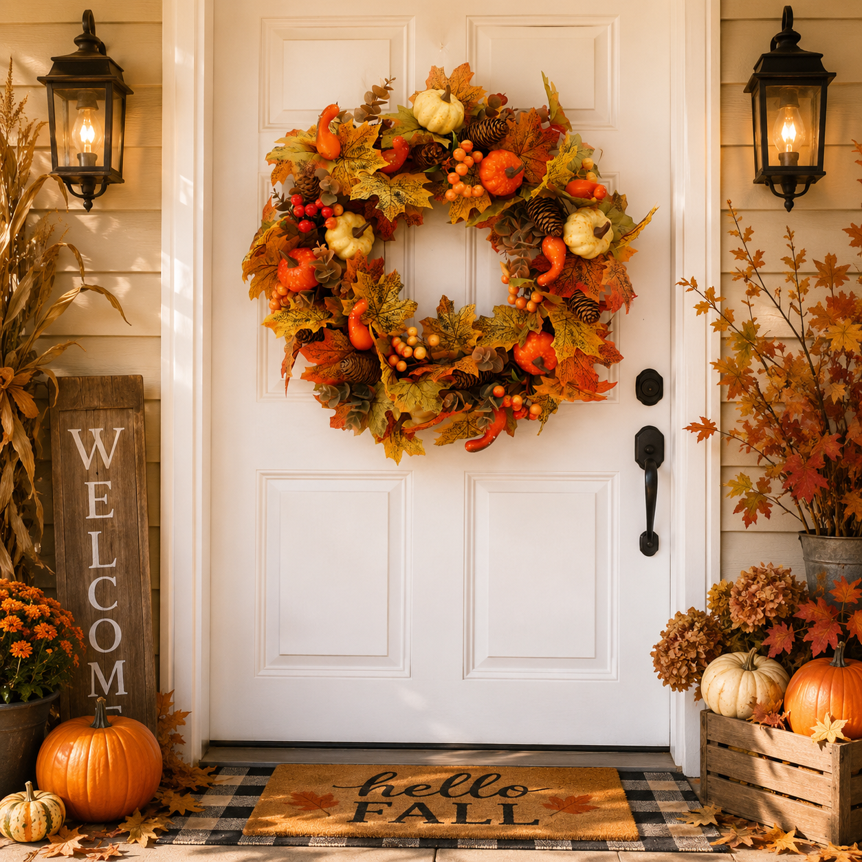 Pafu Artificial Fall Harvest Wreath Autumn Pumpkin Maple Leaf Front Door Wreath Thanksgiving Seasonal Home Decor