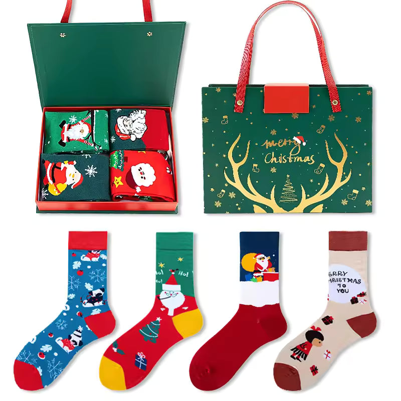 Pafu 4 Pair Christmas Socks Gift Box Set Santa Holiday Crew Socks Xmas Stocking Stuffer Winter Gift for Family