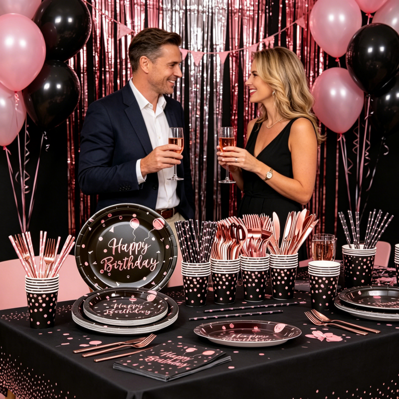 Birthday Party Supplies Black Rose Gold Polka Dot Paper Plates Cups Napkins Tablecloth Straws Birthday Disposable Tableware Sets